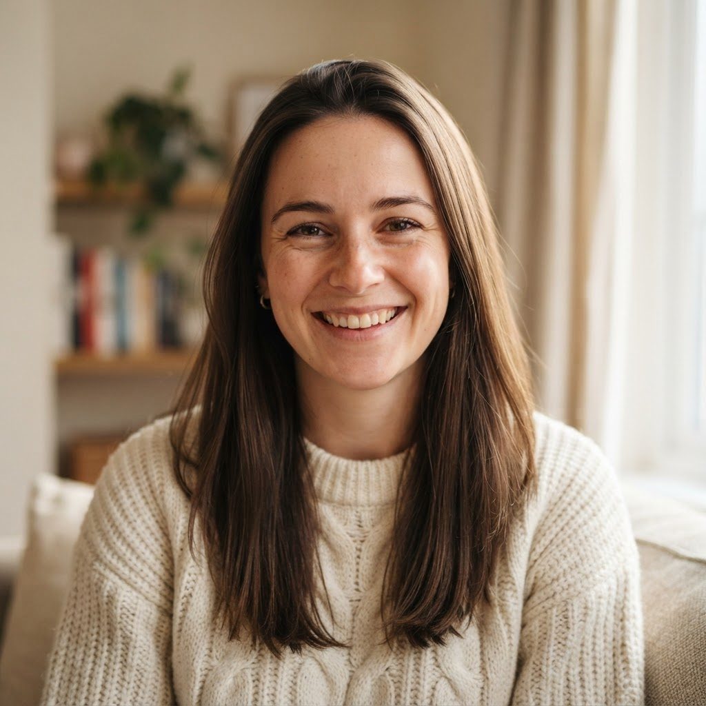 Smiling young woman with long dark hair in a cream sweater