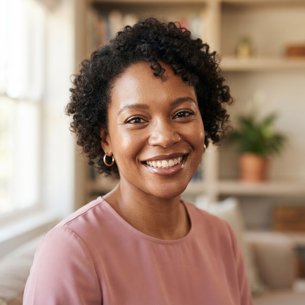 Smiling woman with short curly hair in a soft pink blouse