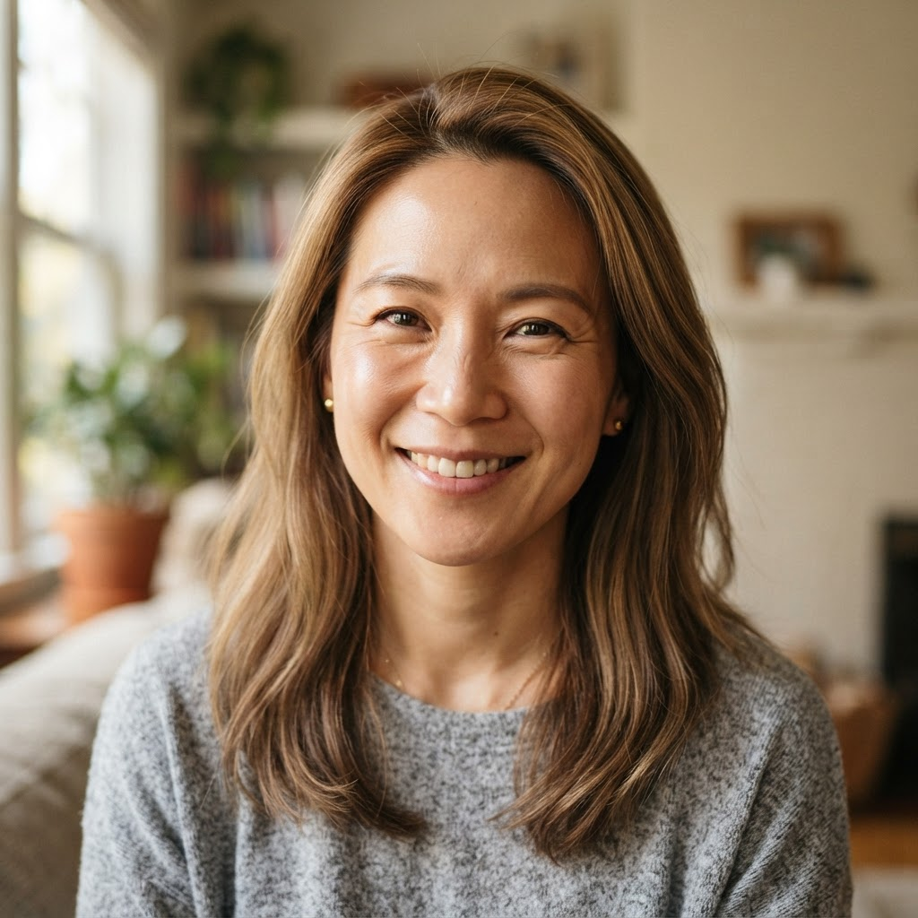 Smiling woman with light brown hair in a grey knit top